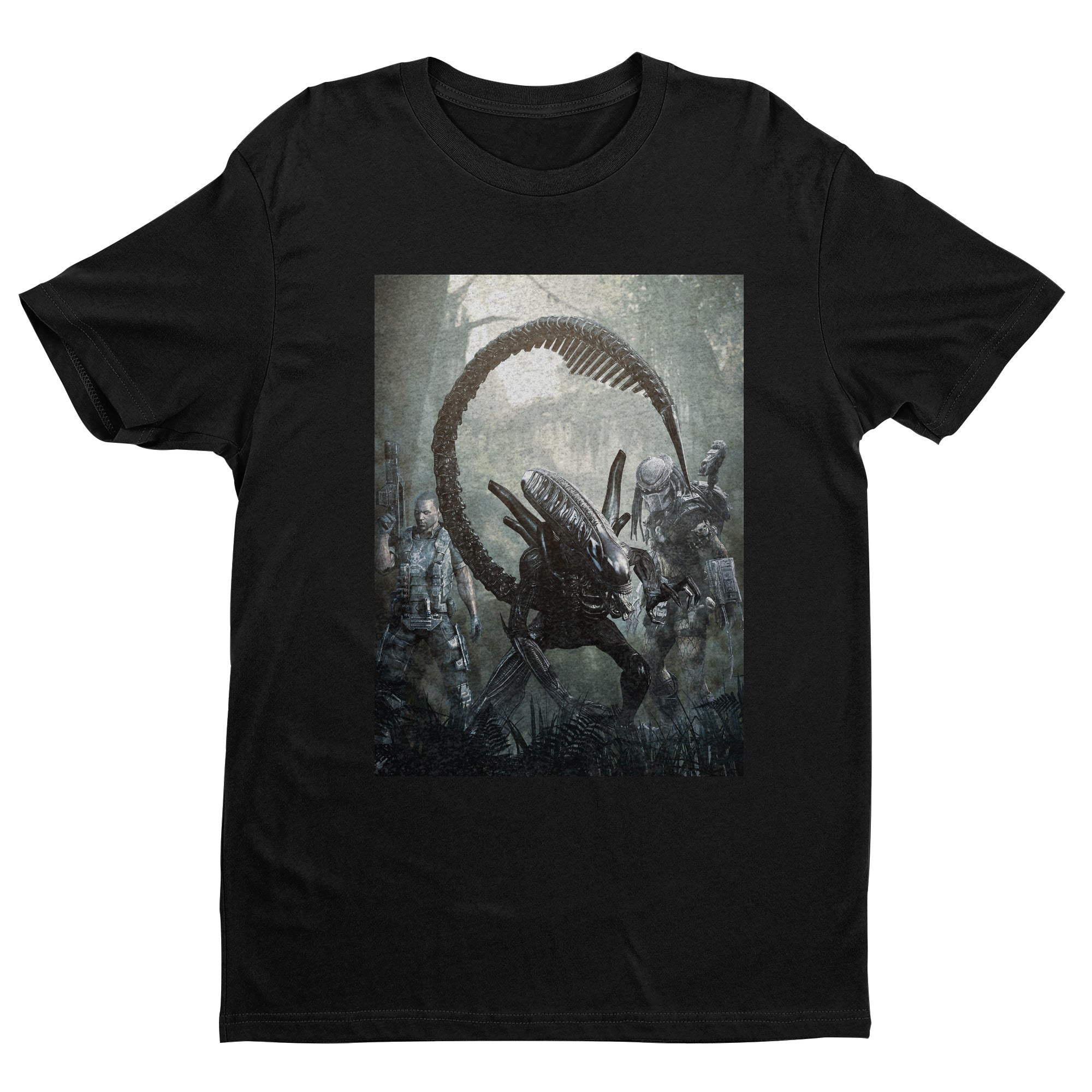 Aliens vs. Predator alien promo art tee — black unisex t-shirt, front view